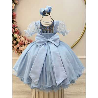 Vestido Infantil Azul Claro Busto C/ Renda Glitter Daminhas
