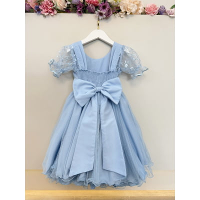 Vestido Infantil Azul Claro Busto C/ Renda Glitter Daminhas