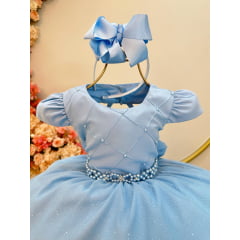 Vestido Infantil Azul Claro Busto Nervura Pérolas e Strass