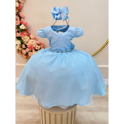 Vestido Infantil Azul Claro Busto Nervura Pérolas e Strass
