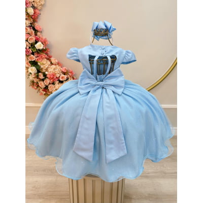 Vestido Infantil Azul Claro Busto Nervura Pérolas e Strass