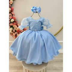 Vestido Infantil Azul Claro Com Renda Luxo Festas Daminhas