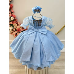 Vestido Infantil Azul Claro Com Renda Luxo Festas Daminhas