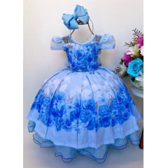 Vestido Infantil Azul Floral Luxo Pérolas