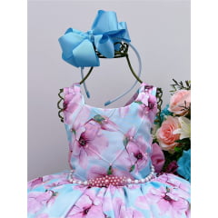 Vestido Infantil Azul Floral Rosa Luxo Cinto de Pérolas