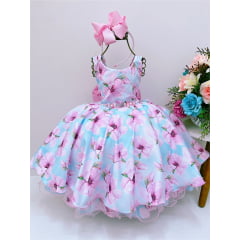 Vestido Infantil Azul Floral Rosa Luxo Cinto de Pérolas Strass