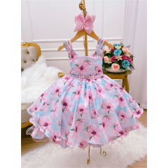 Vestido Infantil Azul Floral Rosa Luxo Cinto de Pérolas Strass