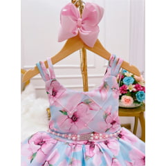 Vestido Infantil Azul Floral Rosa Luxo Cinto de Pérolas Strass