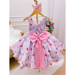 Vestido Infantil Azul Floral Rosa Luxo Cinto de Pérolas Strass