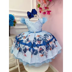Vestido Infantil Azul Florido Busto Nervura Cinto de Pérolas