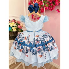 Vestido Infantil Azul Florido Busto Nervura Cinto de Pérolas