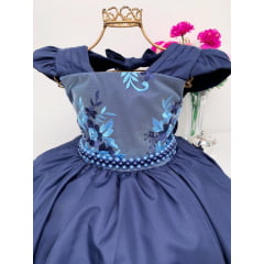 Vestido Infantil Azul Marinho Renda de Luxo Cinto em Pérolas