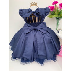 Vestido Infantil Azul Marinho Renda de Luxo Cinto em Pérolas