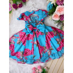 Vestido Infantil Azul Tiffany C/ Pink Floral Aplique de Flor Luxo