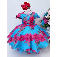 Vestido Infantil Azul Tiffany C/ Pink Floral Aplique de Flor Luxo