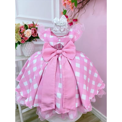 Vestido Infantil Barbie Rosa Xadrez Branco C/ Strass e Laço
