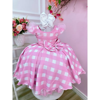 Vestido Infantil Barbie Rosa Xadrez Branco C/ Strass e Laço
