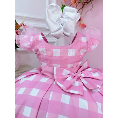 Vestido Infantil Barbie Rosa Xadrez Branco C/ Strass e Laço