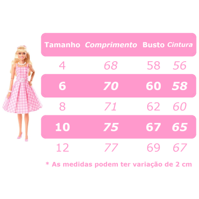 Vestido Infantil Barbie Rosa Xadrez Branco C/ Strass e Laço