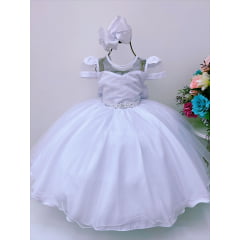 Vestido Infantil Branco Batizado Voal Cinto de Pérolas