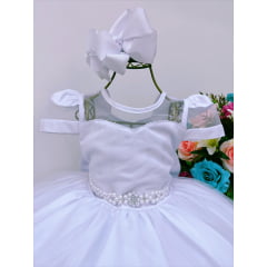 Vestido Infantil Branco Batizado Voal Cinto de Pérolas