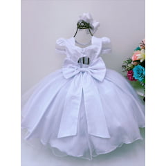 Vestido Infantil Branco Batizado Voal Cinto de Pérolas