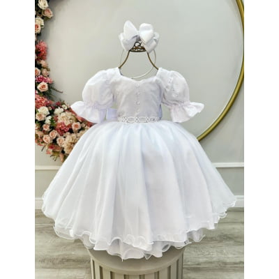 Vestido Infantil Branco Busto Bordado Daminhas Festas Luxo