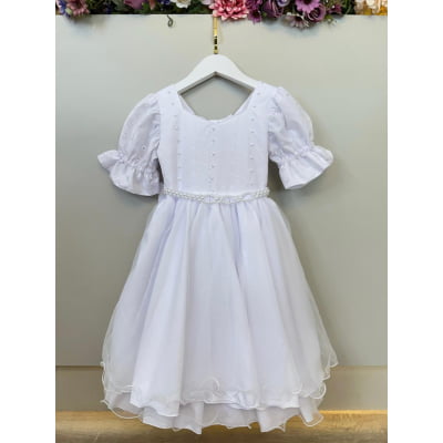 Vestido Infantil Branco Busto Bordado Daminhas Festas Luxo