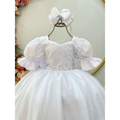 Vestido Infantil Branco Busto Bordado Daminhas Festas Luxo