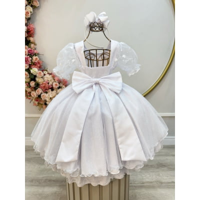 Vestido Infantil Branco Busto C/ Renda Glitter Daminhas