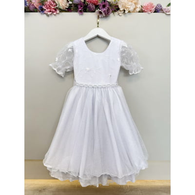 Vestido Infantil Branco Busto C/ Renda Glitter Daminhas