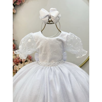 Vestido Infantil Branco Busto C/ Renda Glitter Daminhas