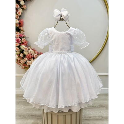 Vestido Infantil Branco Busto C/ Renda Glitter Daminhas