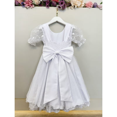 Vestido Infantil Branco Busto C/ Renda Glitter Daminhas