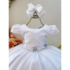 Vestido Infantil Branco Busto Com Nervura Damas Festas