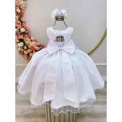 Vestido Infantil Branco Busto Drapeado Aplique de Laço Damas