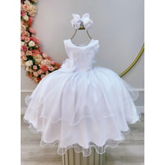Vestido Infantil Branco Busto Drapeado Aplique de Laço Damas