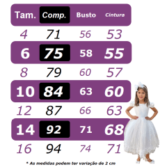 Vestido Infantil Branco Busto Drapeado Aplique de Laço Damas