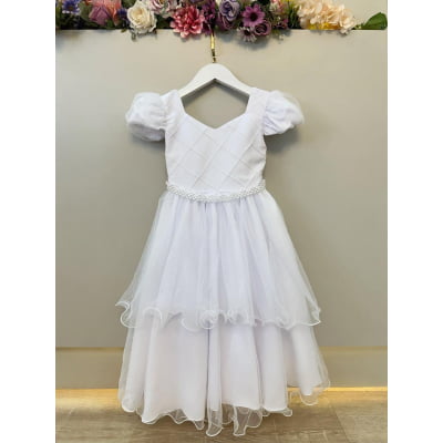 Vestido Infantil Branco Busto Nervura Daminhas Festas Luxo