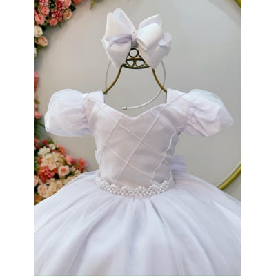 Vestido Infantil Branco Busto Nervura Daminhas Festas Luxo