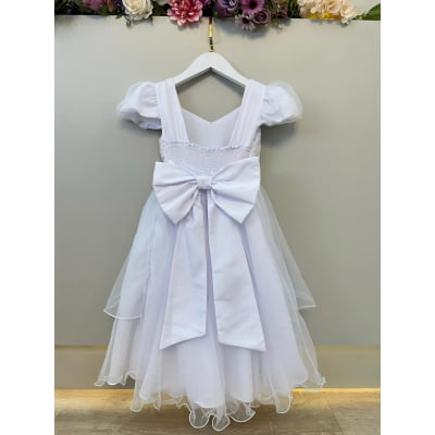 Vestido Infantil Branco Busto Nervura Daminhas Festas Luxo