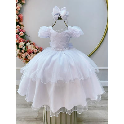 Vestido Infantil Branco Busto Nervura Daminhas Festas Luxo
