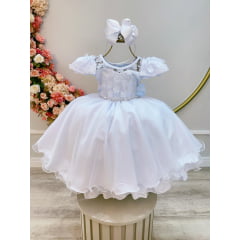 Vestido Infantil Branco C/ Apliques de Flores e Renda Damas