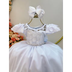 Vestido Infantil Branco C/ Apliques de Flores e Renda Damas