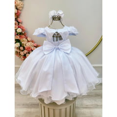 Vestido Infantil Branco C/ Apliques de Flores e Renda Damas