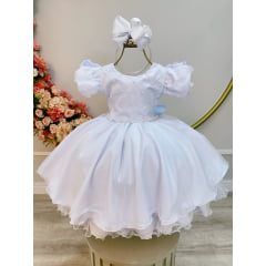 Vestido Infantil Branco C/ Busto Nervura Daminhas Festas