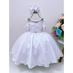 Vestido Infantil Branco C/ Cinto de Pérolas Strass Luxo