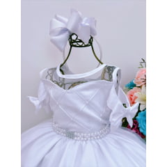 Vestido Infantil Branco C/ Cinto de Pérolas Strass Luxo