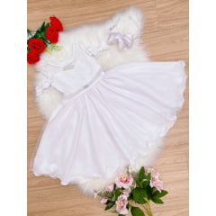 Vestido Infantil Branco C/ Cinto de Pérolas Strass Luxo