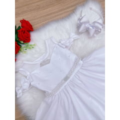 Vestido Infantil Branco C/ Cinto de Pérolas Strass Luxo